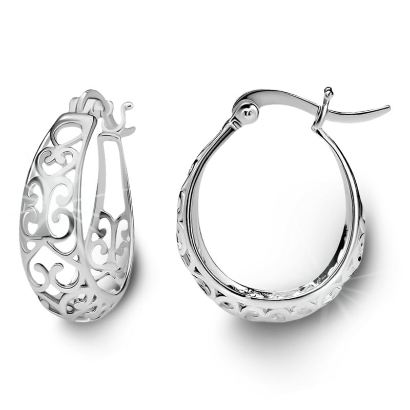 SEA OF ICE Silver Hoop Earrings for Women - Oval Filigree Trendy Fashion Hoop Earrings â€“ Sterling Silver Earrings for Women - Image 1